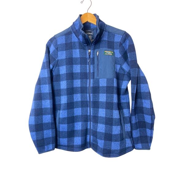 L.L.Bean Women's Sweater Fleece Jacket Full Zip Gingham Blue Size MED Granola - Picture 1 of 13